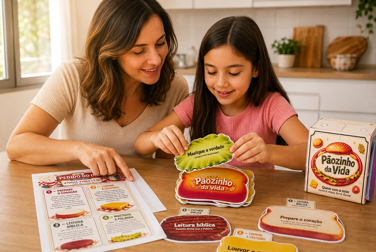 Mãe e filha usando o Pãozinho da Vida na mesa: sanduíche devocional, folha do Pedido do Dia e caixa do kit