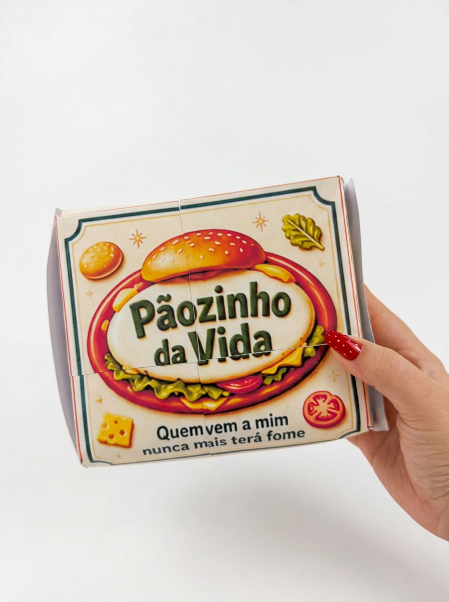 Caixa do lanche Pãozinho da Vida sendo segurada na mão